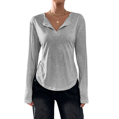 Damen Longsleeve T-Shirt V-Ausschnitt Lässig Eveloria