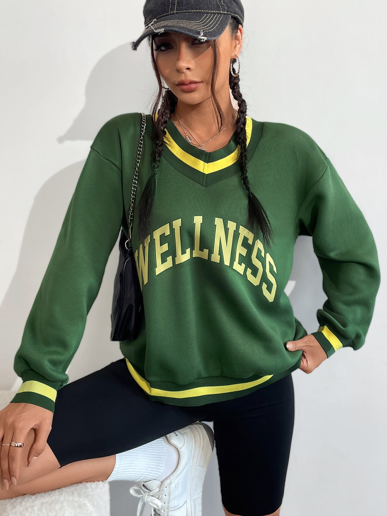 Damen Sweatshirt V-Ausschnitt Wellness-Print Grau