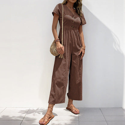 Damen Jumpsuit Knopfdetails Weite Beine Eveloria