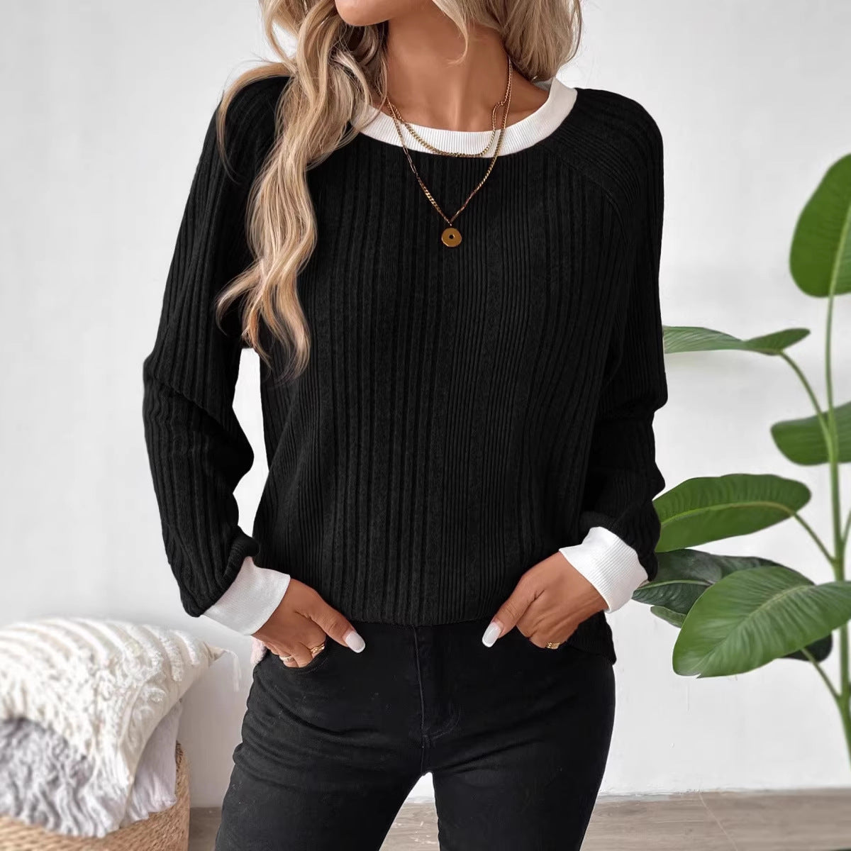 Damen Pullover Rippenstrick Kontrastbesatz Beige