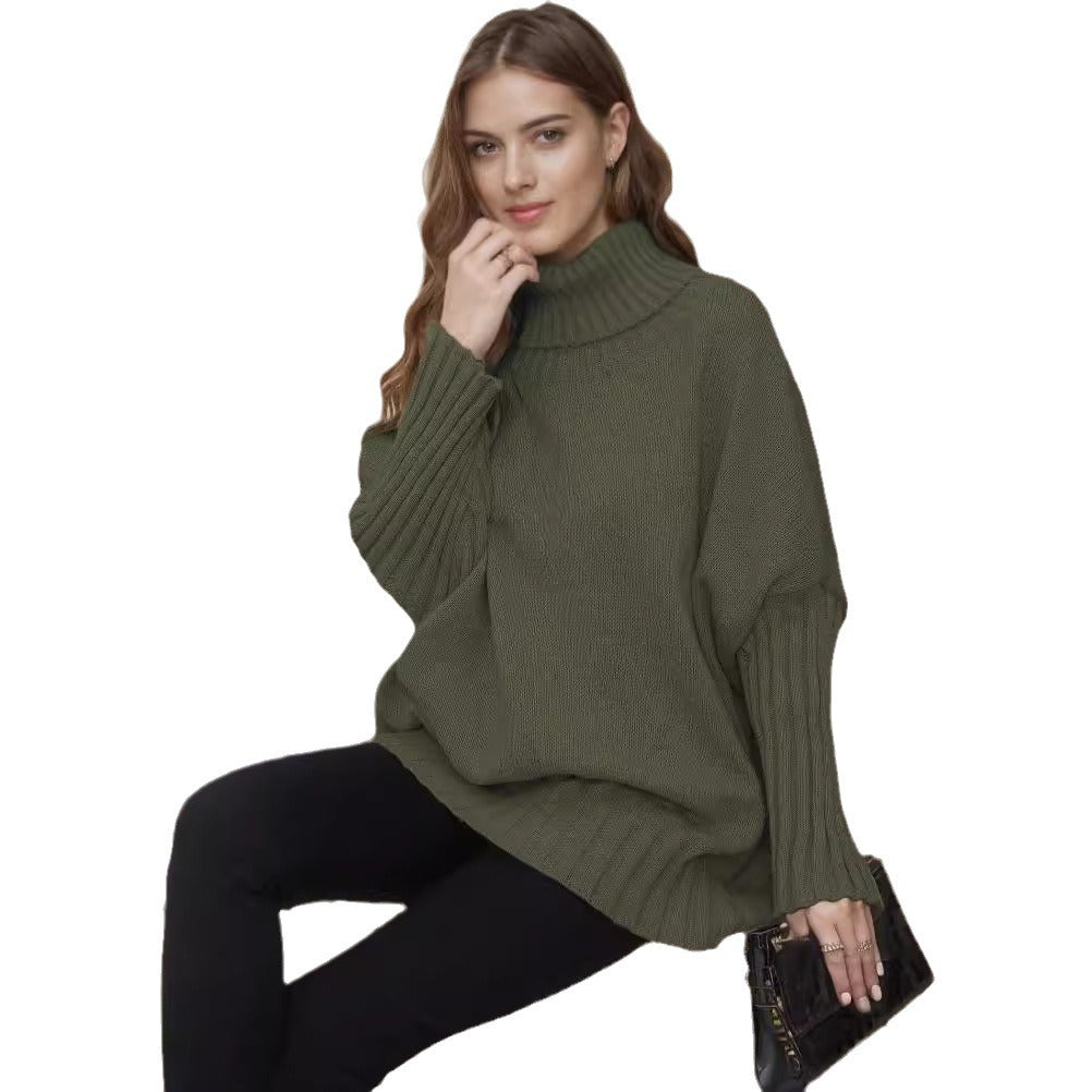 Damen Oversized Strickpullover Hochkragen Voluminöse Ärmel