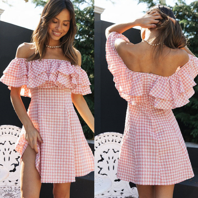 Damen Sommerkleid Schulterfrei Rüschen Karomuster - Eveloria