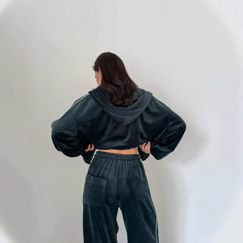Damen Velours Loungewear Set Cropped Oberteil Weite Hose