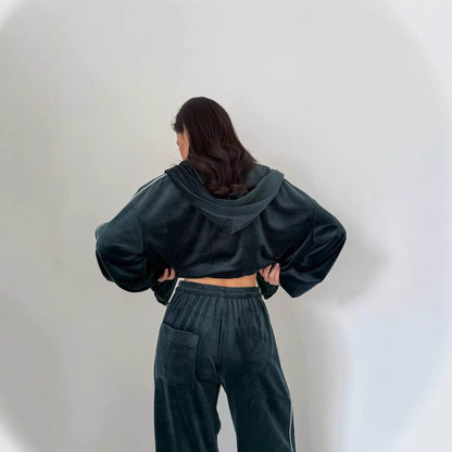 Damen Velours Loungewear Set Cropped Oberteil Weite Hose