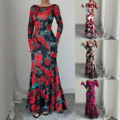 Damen Maxikleid mit Rüschendetails und langem Arm Floral Eveloria - Eveloria