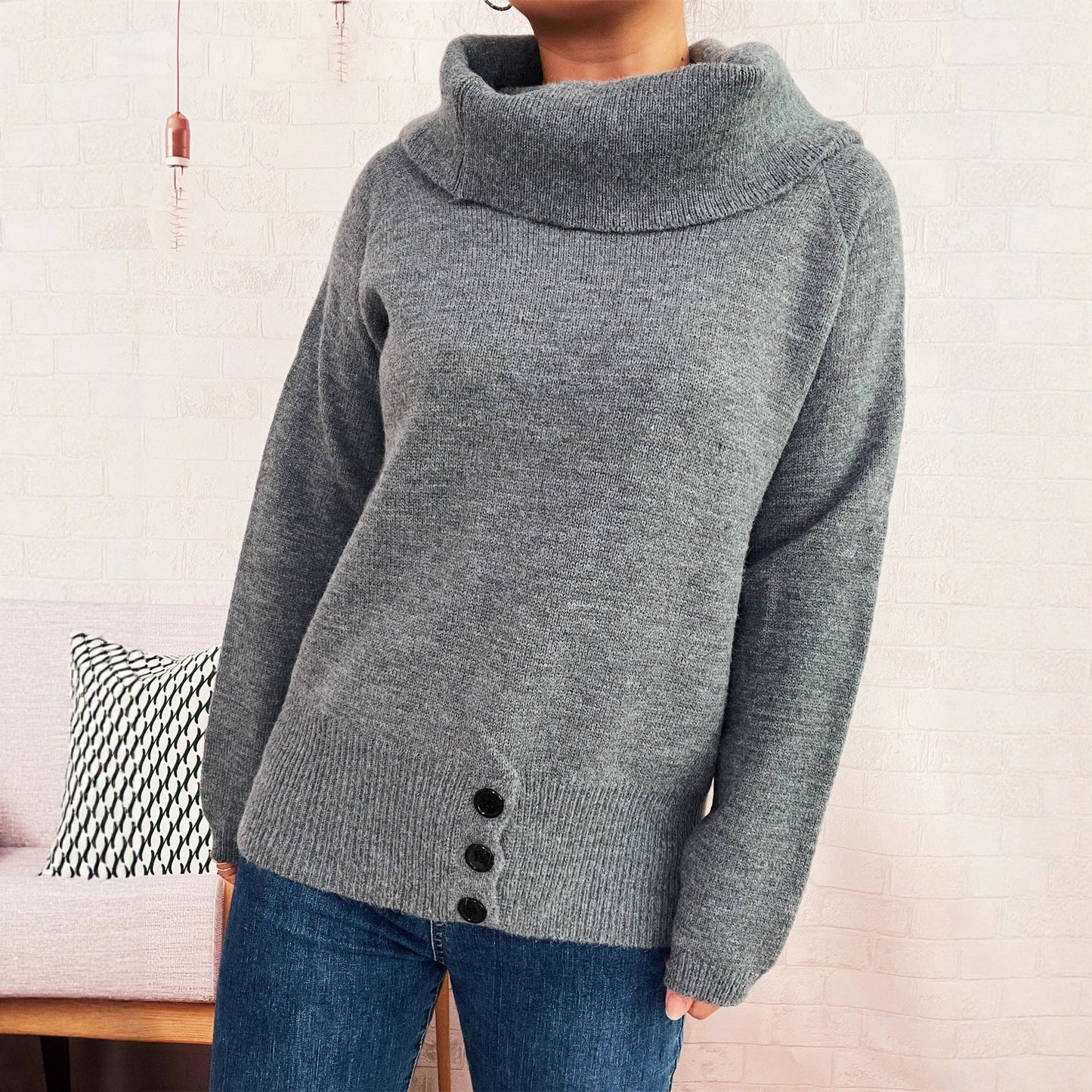 Damen Strickpullover Hochkragen Mit Knöpfen Eveloria