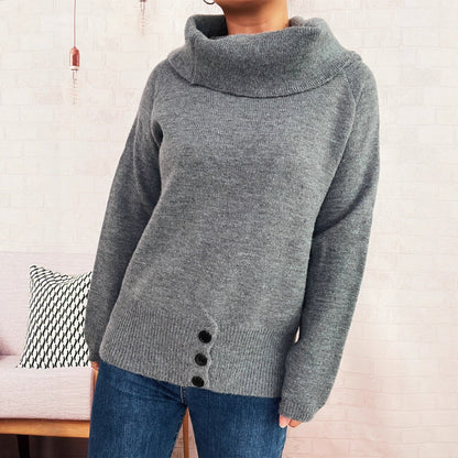 Damen Strickpullover Hochkragen Mit Knöpfen Eveloria