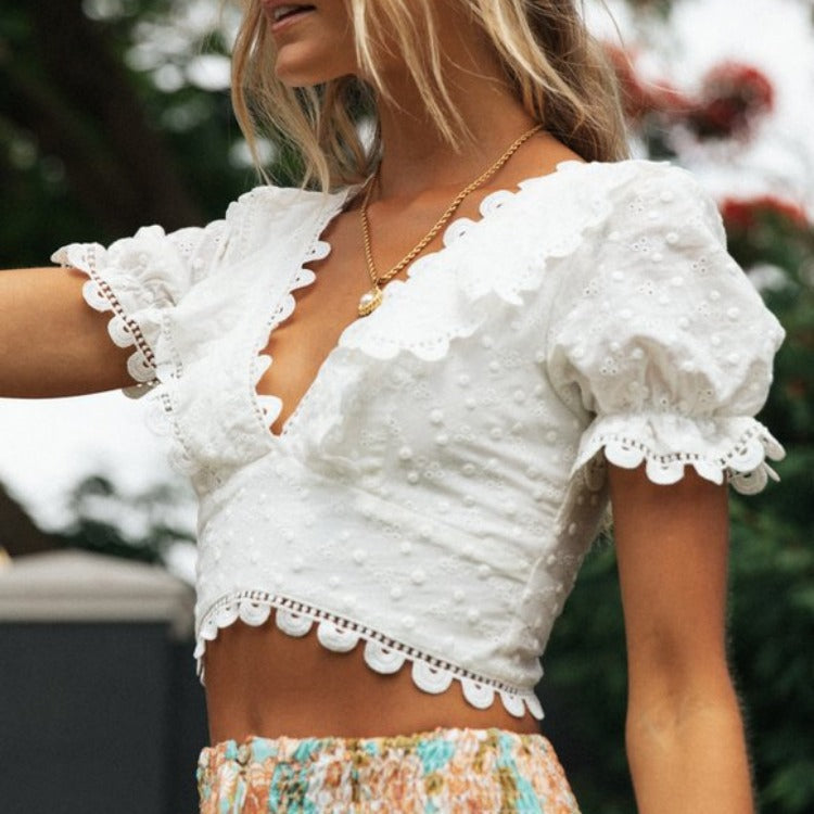 Damen Crop- Floralmuster Spitzenbesatz