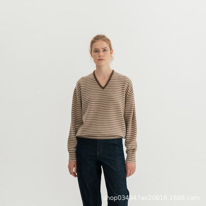 Damen Feinstrickpullover V-Ausschnitt Streifenmuster