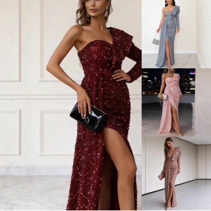 Damen Abendkleid Asymmetrisch Pailletten Schwarz Eveloria - Eveloria