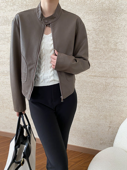 Damen Kunstlederjacke Stehkragen Taschen Eveloria