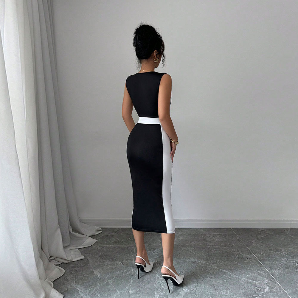 Eveloria Damen Midi-Kleid Figurbetont Kontrastschnitt