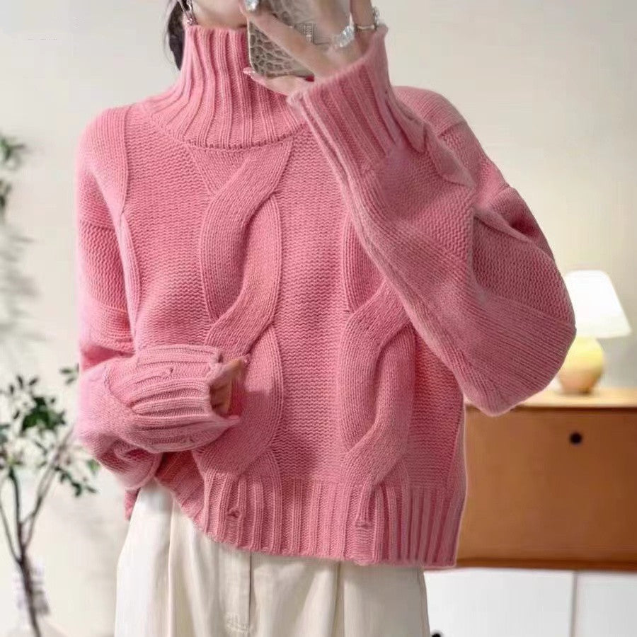 Damen Strickpullover Hochkragen Kabelmuster - Eveloria