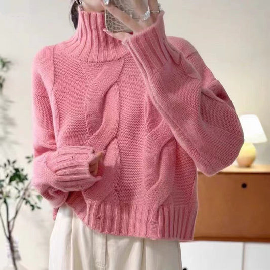 Damen Strickpullover Hochkragen Kabelmuster - Eveloria