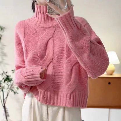 Damen Strickpullover Hochkragen Zopfmuster Eveloria - Eveloria