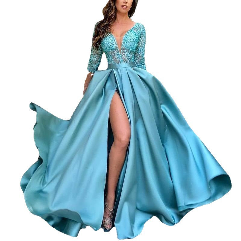Damen Abendkleid Schimmernd V-Ausschnitt Reißverschluss Eveloria