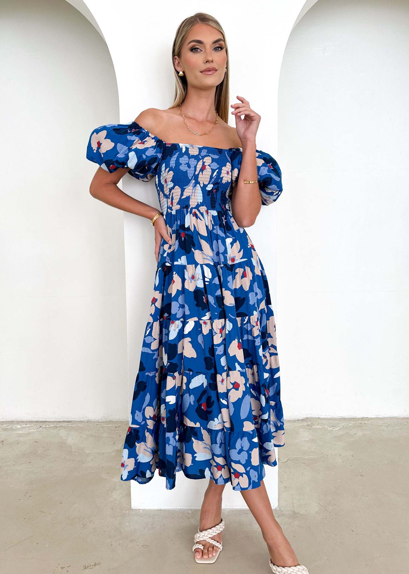 Damen Maxikleid Schulterfrei Puffärmel Eveloria