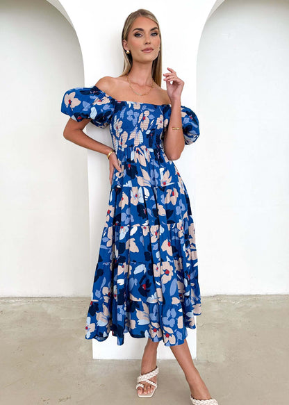 Damen Maxikleid Schulterfrei Puffärmel Eveloria