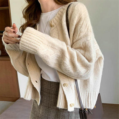 Damen Strickcardigan Feinripp Kuschelig Knöpfe Beige