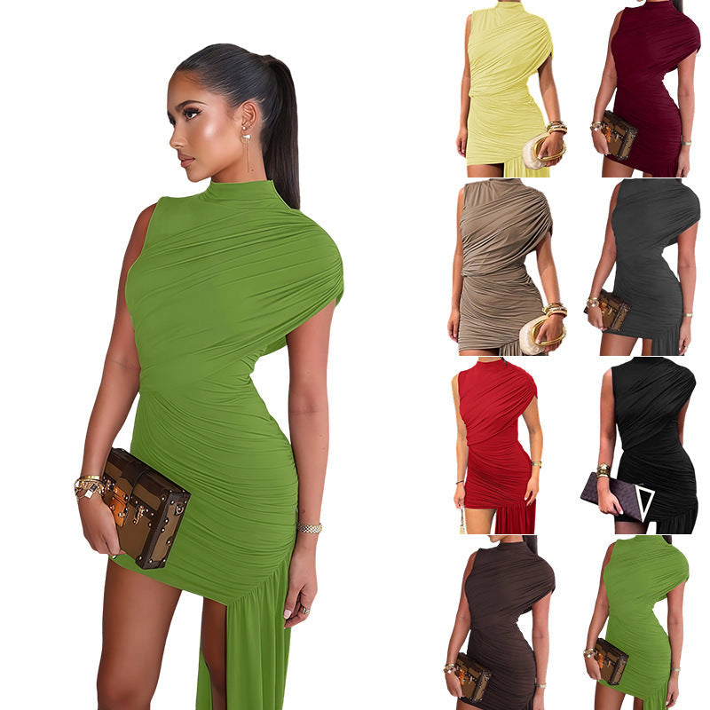 Damen Minikleid Asymmetrischer Schnitt Raffungen Schwarz Eveloria - Eveloria
