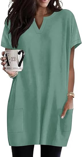 Damen Tunika-Kleid V-Ausschnitt Taschen Eveloria
