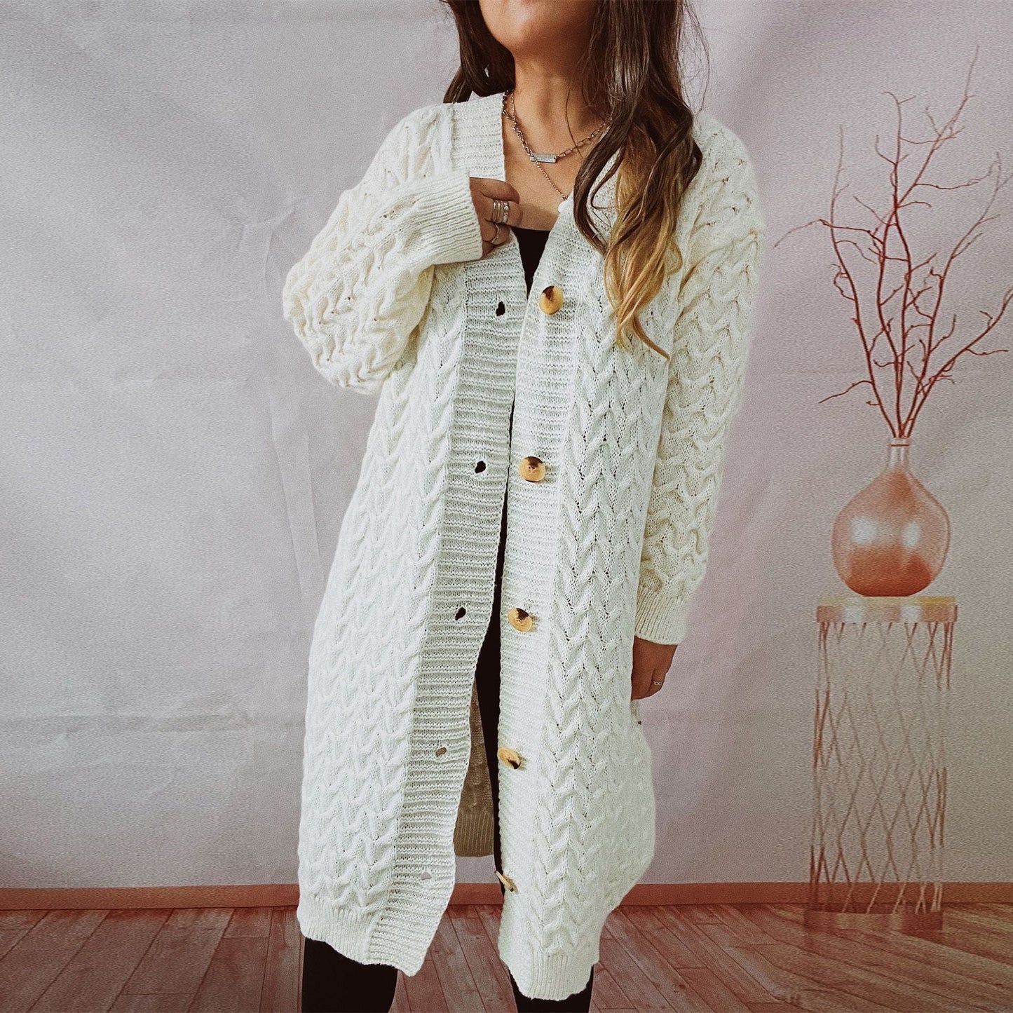 Damen Strickjacke Zopfmuster Große Knöpfe Eveloria