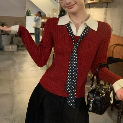 Damen Strickpullover mit Hemdkragen und Krawatte Eveloria