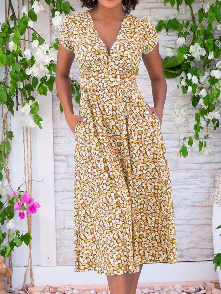 Geblümtes Damenkleid V-Ausschnitt Kurzärmelig Sommerkleid