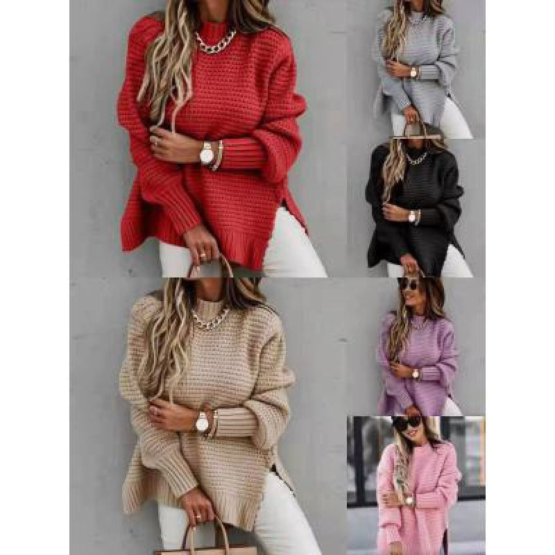 Damen Strickpullover Waffle-Muster Weite Ärmel Beige