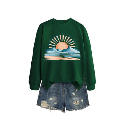 Damen Sweatshirt Lässiger Schnitt Sonnenaufgangsdesign Grau