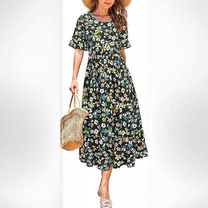 Damen Midikleid Floralmuster Rüschenabschluss Eveloria