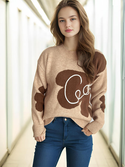 Damen Strickpullover Weich Florales Design Beige