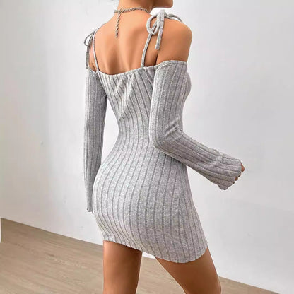 Damen Minikleid Schulterfrei Rippstrick Eveloria
