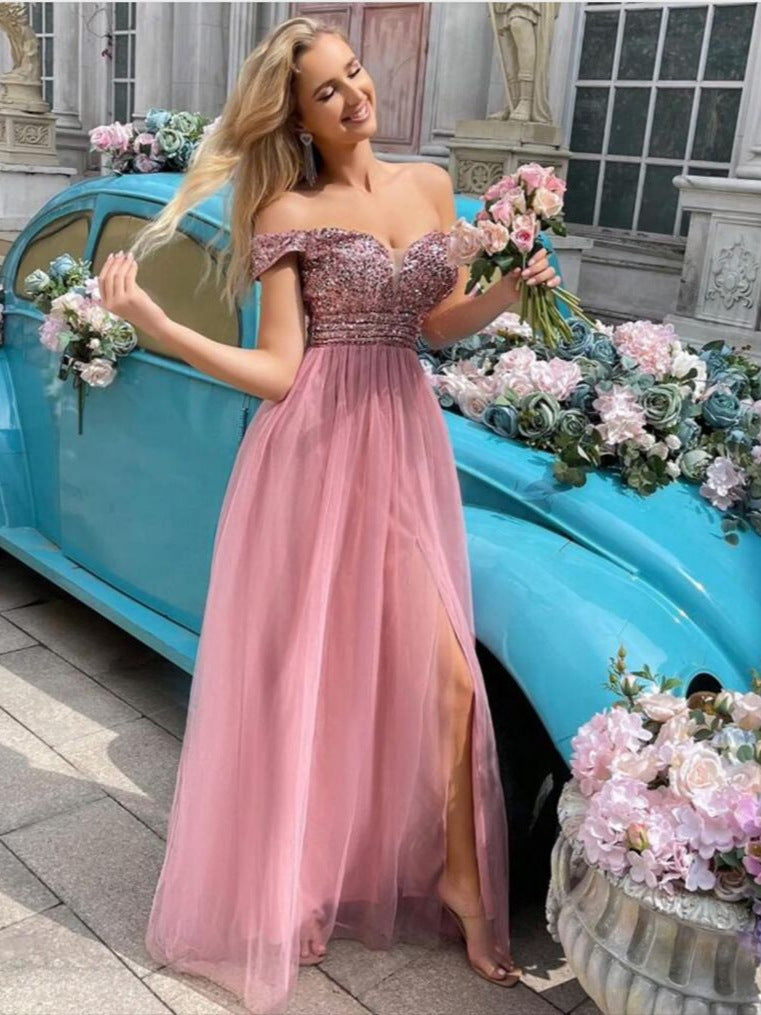 Damen Abendkleid Schimmerndes Oberteil Tüllrock Eveloria