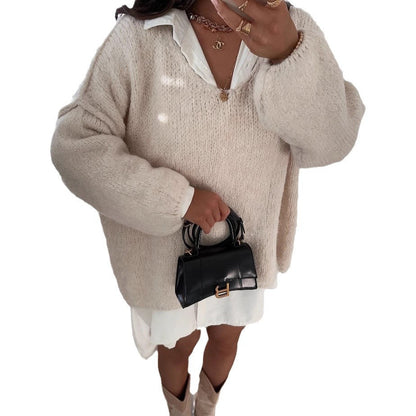 Damen Oversized Pullover Weich Voluminöse Ärmel Beige Eveloria