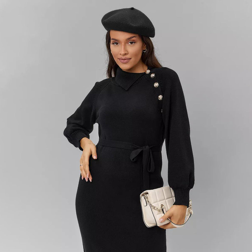 Damen Strickkleid Gürtel Knopfdetails Eveloria