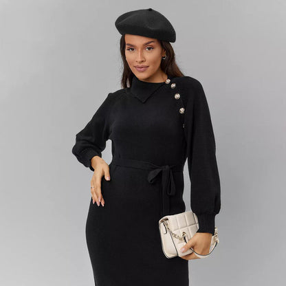 Damen Strickkleid Gürtel Knopfdetails Eveloria