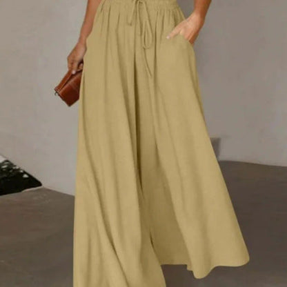 Damen Palazzo-Hose Elastischer Bund Seitentaschen Beige Eveloria