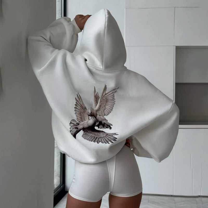 Damen Kapuzensweater Vogelmotiv Entspannter Schnitt