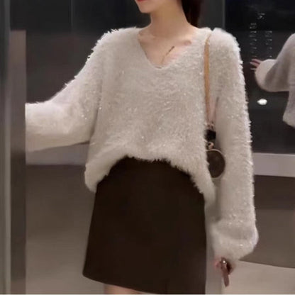 Damen Pullover V-Ausschnitt Flausch langarm Glitzer Eveloria