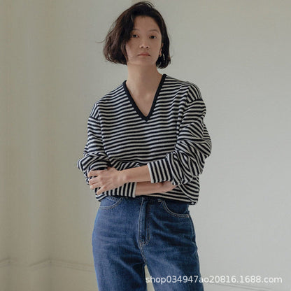 Damen Feinstrickpullover V-Ausschnitt Streifenmuster