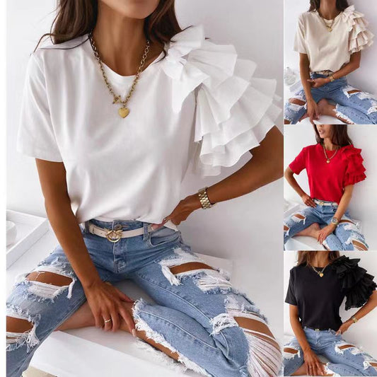 Damen T-Shirt Rüschendetails Trend Elegant Weiß - Eveloria