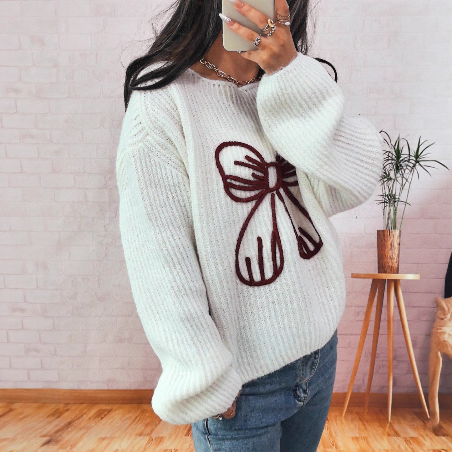 Damen Pullover Lässig Schleifendesign Eveloria
