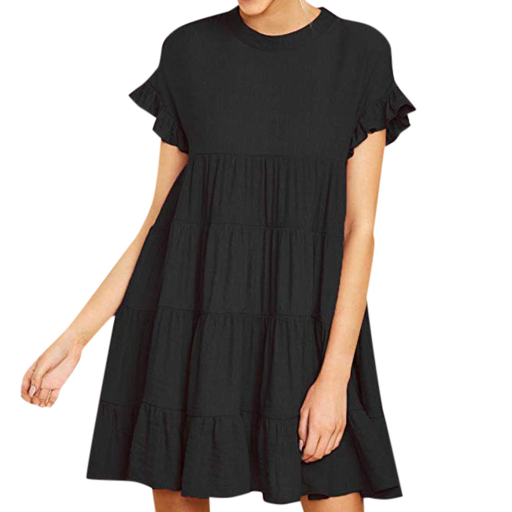 Damen Kurzarm Kleid Rüschendetails Fließender Schnitt Luftig Pastell