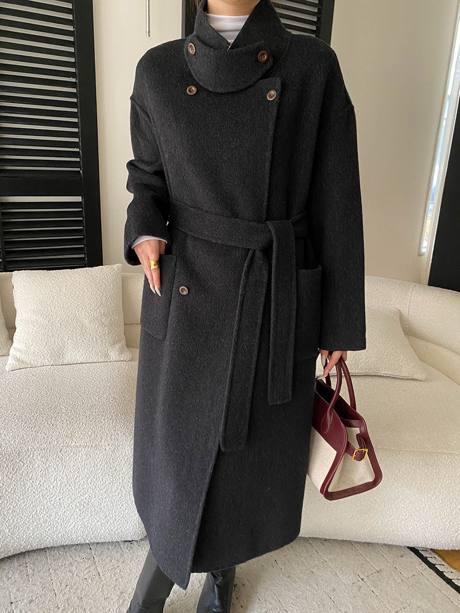 Damen Wollmantel Elegant Doppelter Knopfleiste Taillengürtel