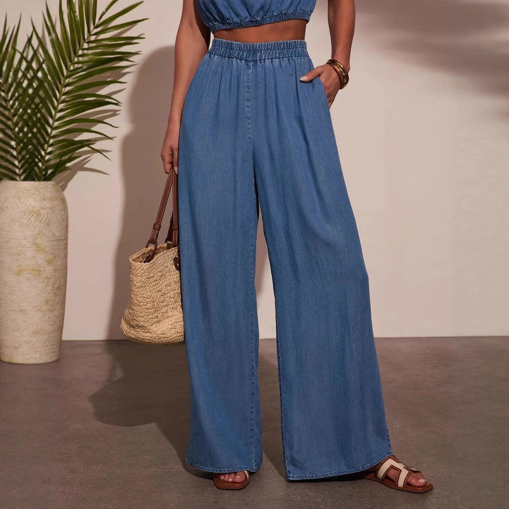 Damen Denim Set Cropped Oberteil Weite Hose Blau Eveloria