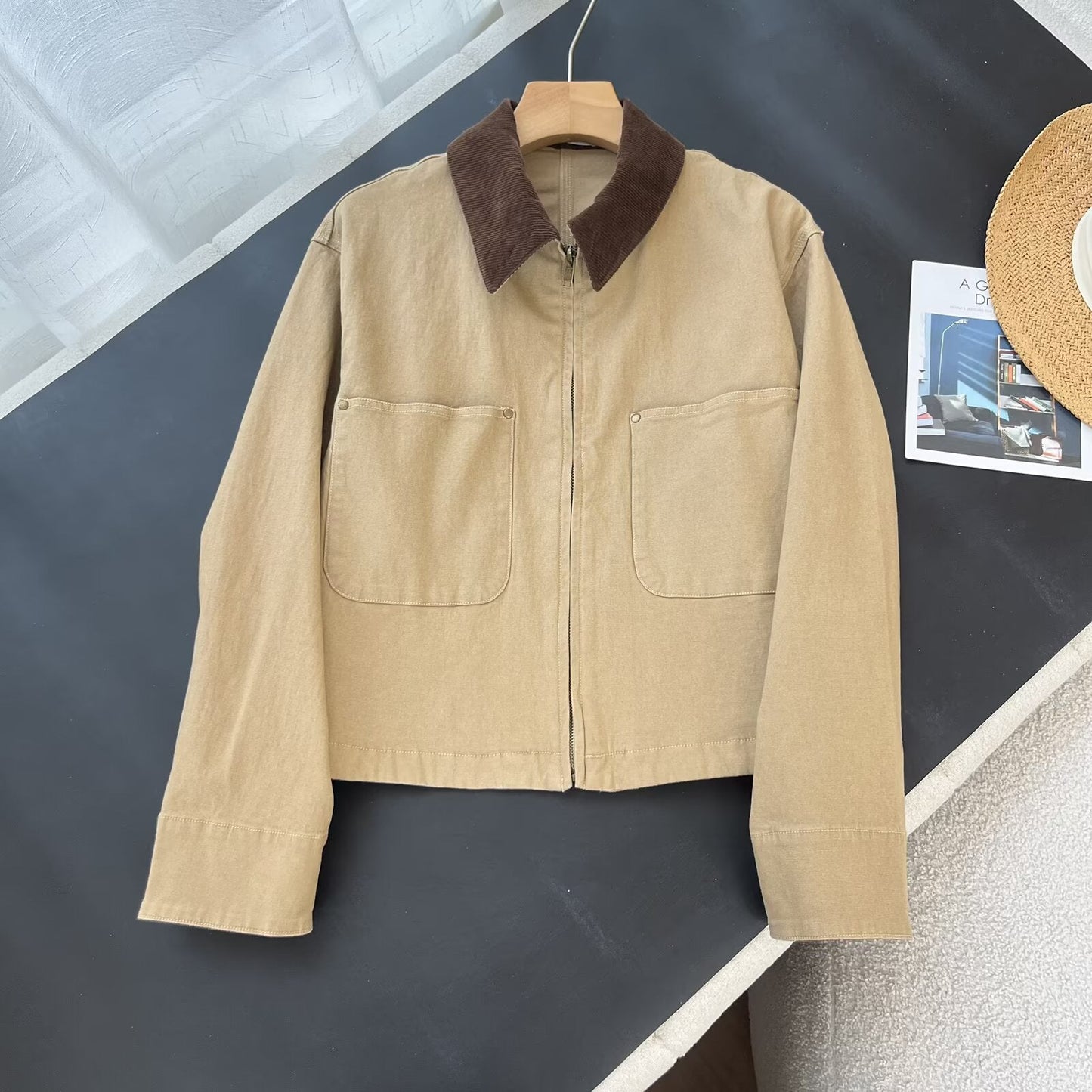 Damen Cropped Übergangsjacke Cordsäule Zeitlos Braun