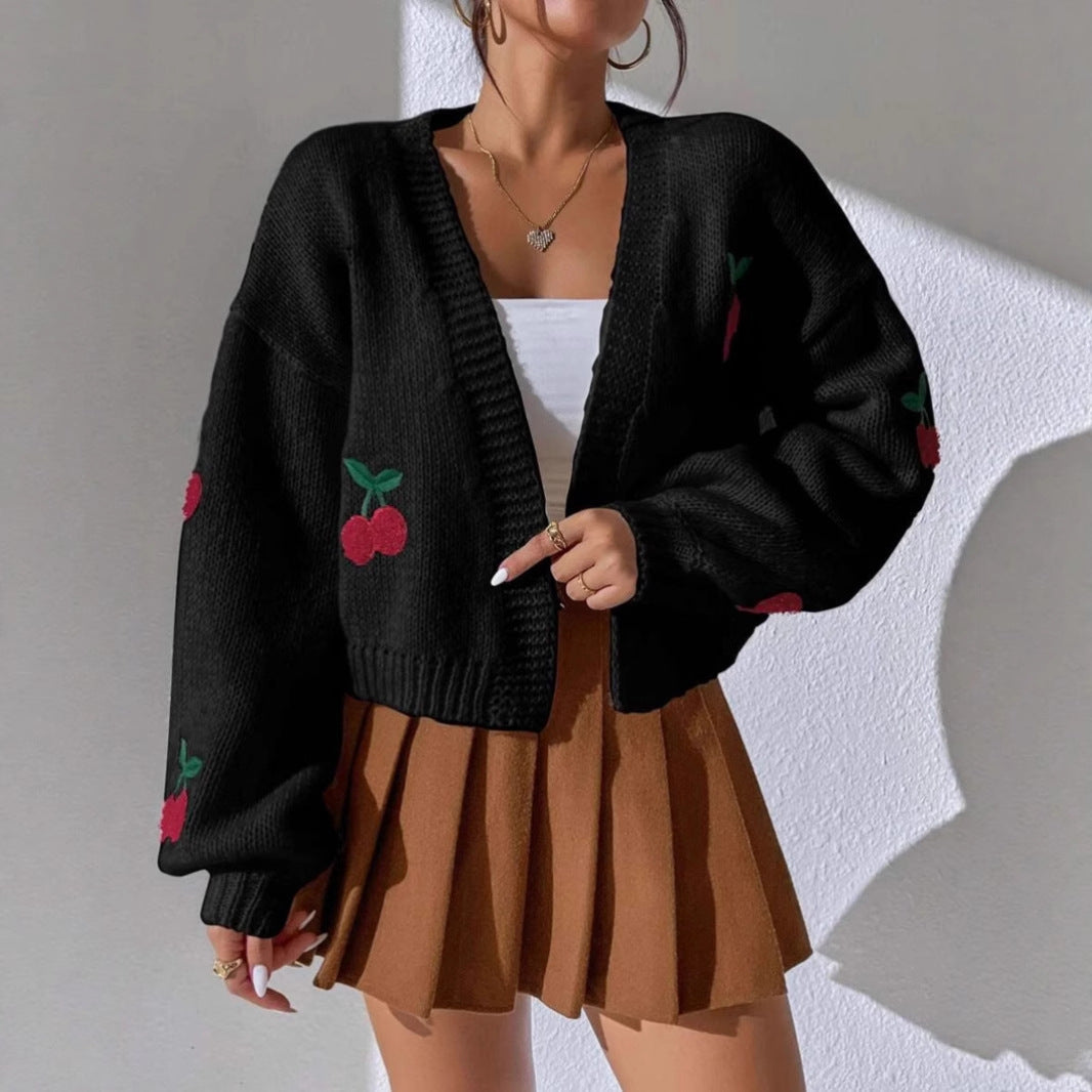 Damen Strickjacke Florales Kirschmuster