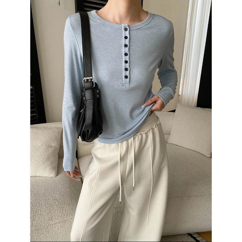 Damen Langarmshirt mit Knopfleiste Baumwolle Beige - Eveloria