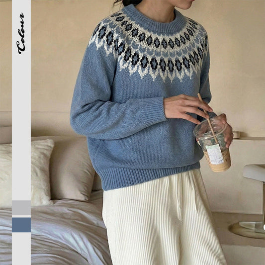 Damen Strickpullover Nordisches Muster Locker Größe Eveloria - Eveloria